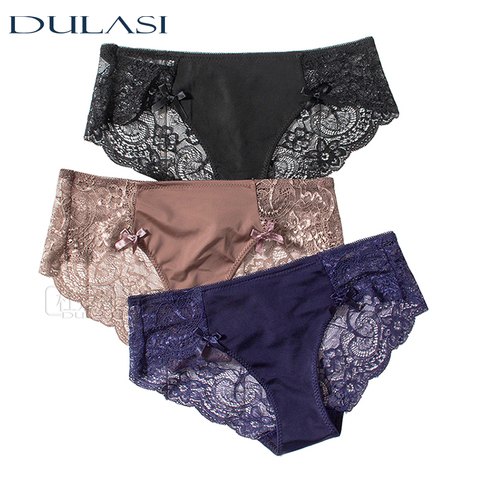 Bragas de encaje sexis, bragas para ropa interior sin costuras, interior transparente de seda para mujer, Bikini de algodón para niñas, Braga erótica DULASI 3 unids/lote - Historial de precios