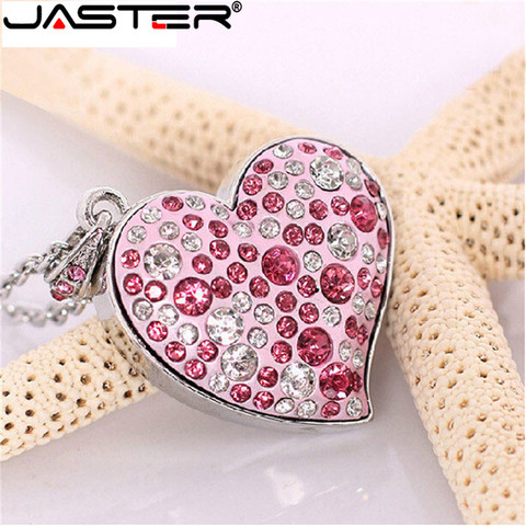 JASTER-unidad Flash USB con forma de corazón de cristal, pendrive Collar de corazón de amor con memoria USB de 4GB/8GB/16GB/32GB/64GB ► Foto 1/2
