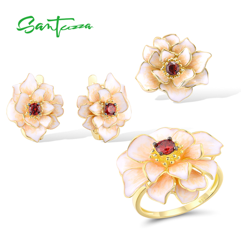 SANTUZZA-Conjunto de joyería para mujer, de Plata de Ley 925, esmalte blanco elegante, pendiente de flor de loto, conjunto de anillo, joyería fina, regalo ► Foto 1/6