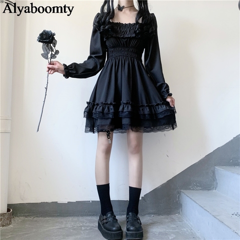 Estilo japonés Lolita mujeres princesa negro Mini vestido Slash cuello de alta cintura gótico vestido con mangas Puff encaje con volantes vestidos de fiesta ► Foto 1/6