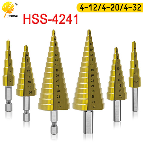 HSS-taladro escalonado con recubrimiento de titanio, cortador de agujeros cónicos de 4-12mm, 4-22mm, 4-32mm, mango hexagonal de 1/4 pulgadas, broca de mango triangular para metal y madera ► Foto 1/6