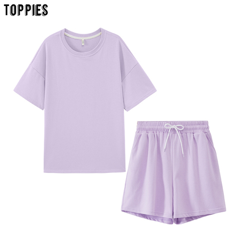 Toppies, chándales de verano para mujer, conjunto de dos piezas, conjuntos de ocio, camisetas de algodón de gran tamaño, pantalones cortos de cintura alta, ropa de color caramelo ► Foto 1/6