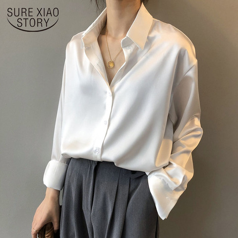 Camisa de seda satinada abotonada para mujer, blusa Vintage blanca de manga larga, camisas de calle holgadas para mujer 11355 ► Foto 1/6