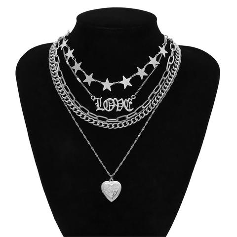 Cadena Punk multicapa con estrellas de corazón para mujeres y hombres, candado, colgante de amor, collar 2022, declaración gótica, Joyería Moderna genial ► Foto 1/6