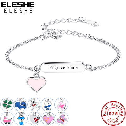 ELESHE-Pulseras con nombre personalizado para niños, esmalte rosa en corazón, grabado, regalo de joyería de plata de ley 925 ► Foto 1/6