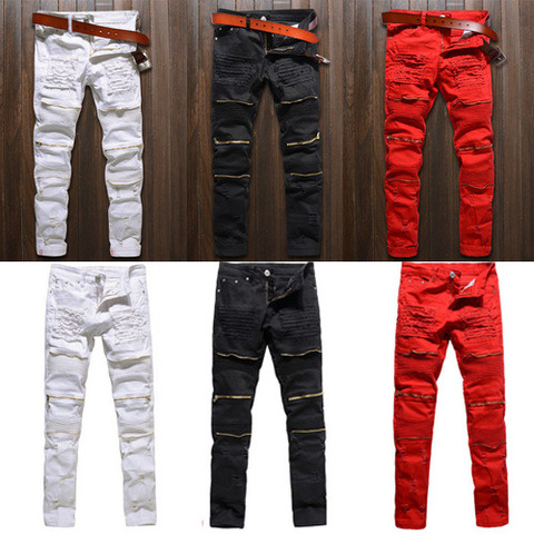 Los hombres Skinny Stretch Denim Pantalones con diseño rasgado rotos de Freyed pantalones vaqueros ceñidos destruido arrancó Jeans negro blanco rojo Vaqueros ► Foto 1/6