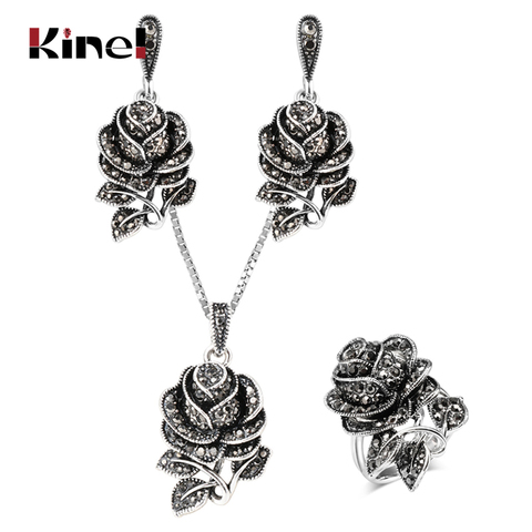 Kinel moda plata tibetana Vintage conjuntos de joyas de boda anillo de flor rosa de cristal negro juegos de joyas para mujer regalo de fiesta ► Foto 1/6