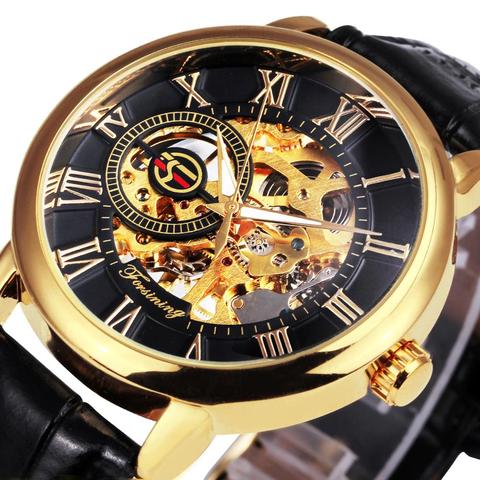 FORSINING 3D Logo negro oro hombres esqueleto mecánico reloj hombre relojes de marca superior de lujo cuero WINNER Design Montre Homme 2022 ► Foto 1/6