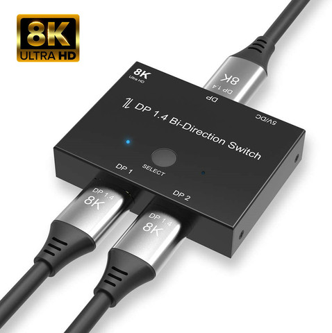 Divisor de interruptor bidireccional DisplayPort 1,4, 1X2 o 2x1 DP 1,4 KVM 8K @ 30Hz 4 K @ 120Hz para múltiples fuentes y pantallas ► Foto 1/6