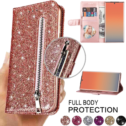 Funda de cuero con tapa para teléfono móvil Samsung, carcasa con ranuras para tarjetas, brillante, a la moda, para Samsung S6, S7, S8, S9, S10, S20 Plus, S20FE, 5G, Note 8, 9, 10 ► Foto 1/6