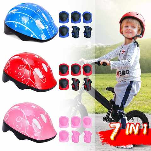 Casco de ciclismo 7 en 1 para niños, equipo de protección para niños y niñas, para montar en bicicleta, rodilleras ► Foto 1/6