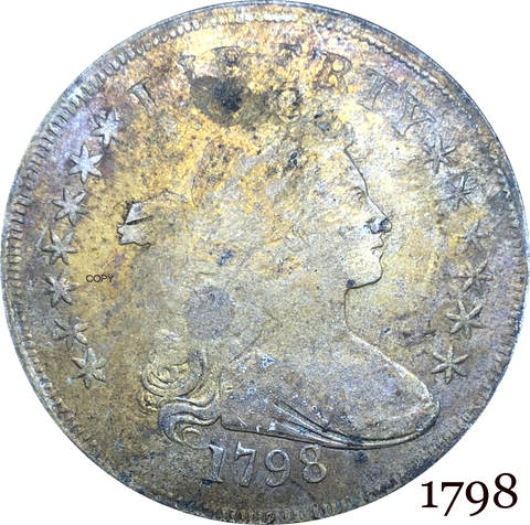 Moneda americana de los Estados Unidos 1798 Liberty, pecho drapeado, un dólar, heráldico, águila, cuproníquel, copia de monedas chapadas en plata ► Foto 1/6