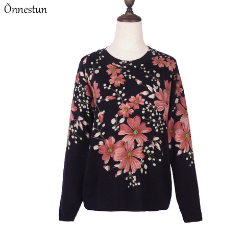 Pulóvers de mujer otoño estampado de moda de manga larga cuello redondo de talla grande estampado de punto Floral Pullover suéter para mujer ► Foto 1/5