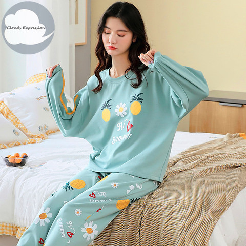 Pijama de manga larga con dibujos animados para mujer, ropa de dormir de algodón, tallas M, L, XL, XXL, XXXL, primavera y otoño ► Foto 1/6