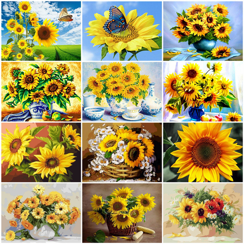 HUACAN-cuadros por números de girasoles, lienzo de dibujo artesanal, cuadro pintado al óleo a mano, flor, decoración del hogar ► Foto 1/6