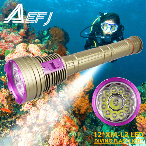 Linterna de buceo LED de 12 x XM-L2, potente lámpara profesional de buceo, antorcha subacuática 18650 26650, Cargador USB, 8000lm ► Foto 1/5