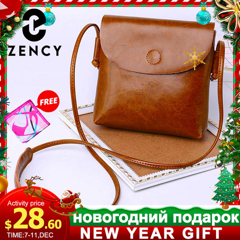 Zency 100%-bandolera de piel auténtica para mujer, bolso de hombro tipo bandolera, color negro, con solapa, clásico, marrón ► Foto 1/6