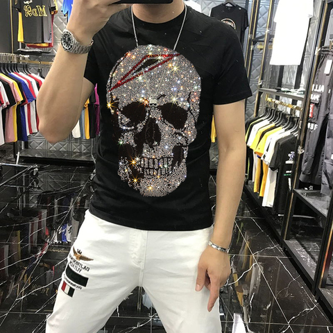 Camiseta de algodón con calavera y diamantes de imitación para hombre, Camiseta deportiva ajustada de tendencia, talla grande, informal, de verano ► Foto 1/6