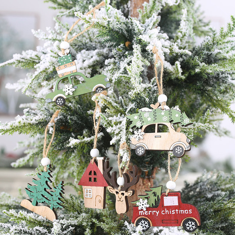 Conjunto de colgantes de madera para Navidad, decoración creativa de Casa de alce de coche, ornamento de árbol de Navidad artesanal de madera, decoraciones de fiesta, regalos para niños ► Foto 1/5