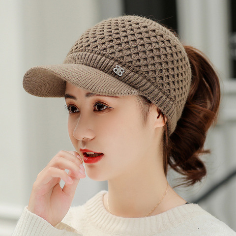 Gorros de béisbol gruesos y cálidos para mujer, gorro de punto trenzado, de lana, para exteriores, moño alto, cola de caballo, visera vacía ► Foto 1/6