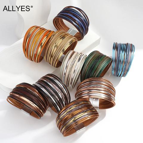 ALLYES-pulsera de cuero multicapa con tira fina Bohemia para mujer, brazalete cruzado Multicolor a la moda, joyería sencilla Unisex ► Foto 1/6