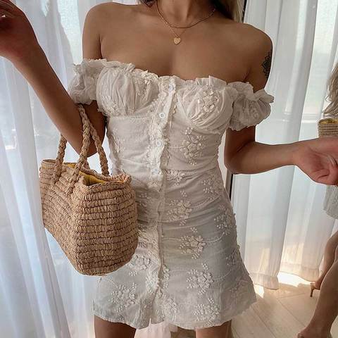 De inspiración Bohemia capas de las mujeres fruncido vestido beige floral vestido de fiesta puff cinta de mangas lazos chic vestido de verano 2022 nuevo ► Foto 1/6