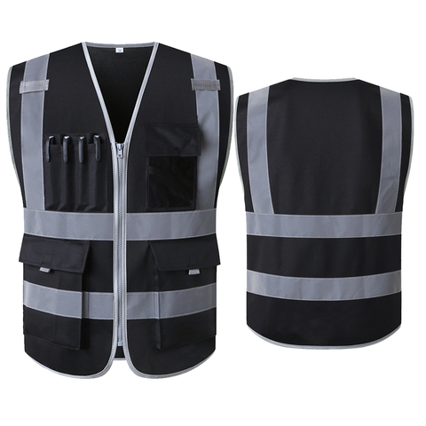 Chaleco reflectante de seguridad para construcción, ropa de seguridad para el trabajo, con múltiples bolsillos, color negro ► Foto 1/5