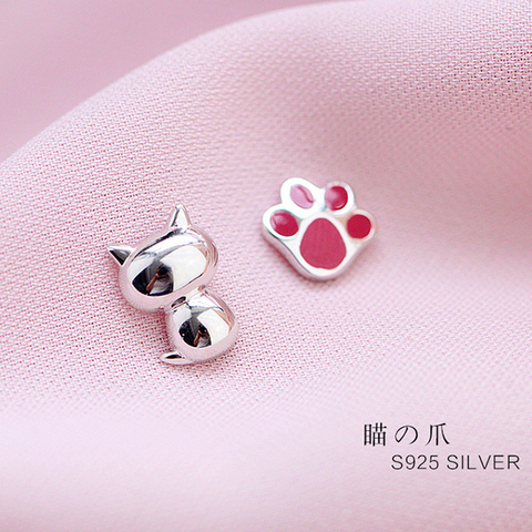 Pendientes asimétricos con patas de gato para mujer, Plata de Ley 925, joyería de moda con personalidad ► Foto 1/5