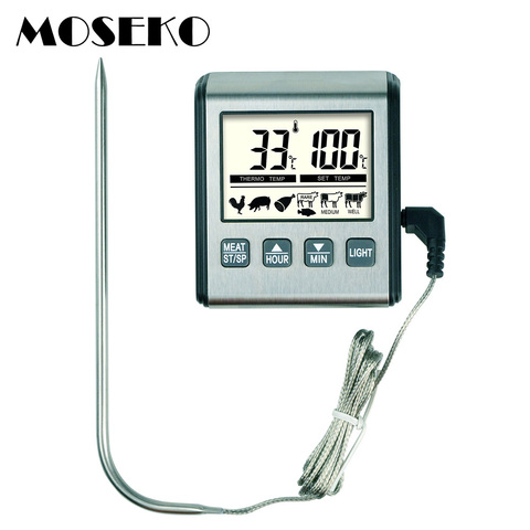 MOSEKO-termómetro Digital para horno de cocina, ahumador parrilla BBQ con temporizador y sonda de acero inoxidable 304 retroiluminada ► Foto 1/6