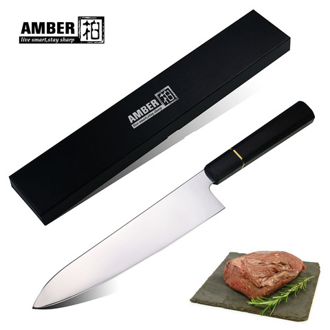 Cuchillo de Chef de acero al carbono con acabado de espejo, supergyuto japonés con ébano, color ámbar, 9,5 pulgadas, VG10 ► Foto 1/6