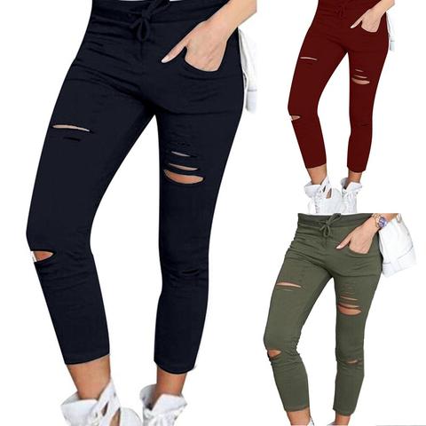 De talla grande de Spandex de algodón de Color sólido Cordón de cintura alta elástico cordón pantalones lápiz Ripped Skinny polainas pantalón Mujer ► Foto 1/6