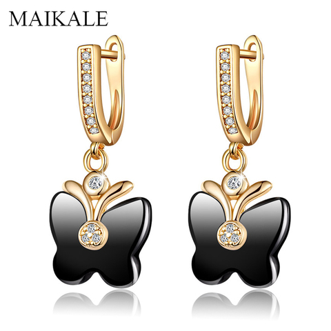 MAIKALE-pendientes de cerámica negra con forma de mariposa para mujer, joya de circonita dorada, Pendientes de piedra colgantes, joyería y amuletos de regalo ► Foto 1/6