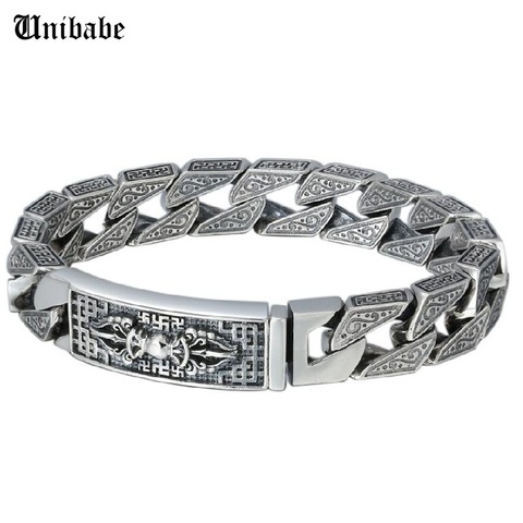 Plata esterlina 925 Vajra seis palabras Mantra tallada brazalete grande gruesa sólida S925 pulsera religiosa Hombre de plata hombre (FGL) ► Foto 1/5