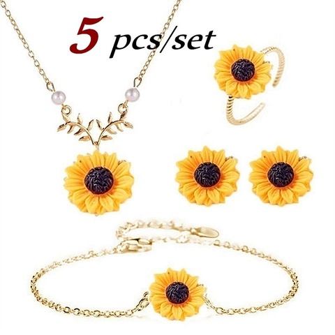 Conjunto de 3/5 unidades de collares y pendientes para mujer, conjunto de anillo y pulsera con colgante, girasoles bisutería, accesorios de joyería para mujer ► Foto 1/6