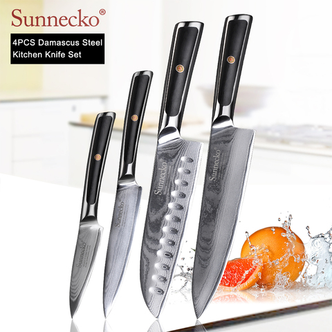 SUNNECKO-Juego de cuchillos de cocina Santoku de Chef, herramienta de corte afilado, cuchillo de cocina Damascus japonés VG10, mango de acero G10, 4 Uds. ► Foto 1/6