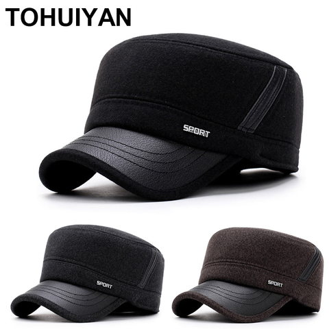 TOHUIYAN-Sombrero militar clásico de lana para hombre, gorras con parte superior plana, gorros cálidos de invierno con orejeras, gorra militar ajustable a la moda, gorros de cadete ► Foto 1/6