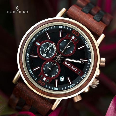 BOBO BIRD-reloj de madera para hombre, cronógrafo militar, cronógrafo, fecha, regalos de novio ► Foto 1/6