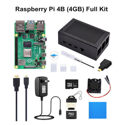 Original RAM de 4 GB, Raspberry Pi modelo B, Kit de bricolaje, Pi 4B con ventilador de refrigeración + disipador de calor + adaptador de corriente + caja + 32GB Micro SD + Cable HDMI ► Foto 1/6