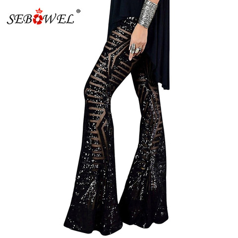 SEBOWEL-pantalones acampanados con lentejuelas y purpurina para mujer, pantalón largo de cintura alta para fiesta y baile, color negro y plateado ► Foto 1/6