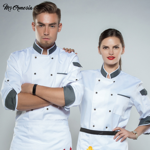 MSORMOSIA casa cocina Chef chaqueta largo ajustable manga mujeres Unisex abrigo de cocinero Hotel restaurante cocina desgaste camarero uniforme ► Foto 1/6