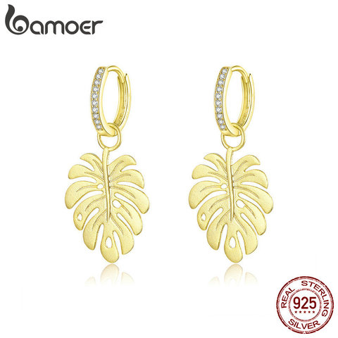 Bamoer-pendientes de gota de Color dorado para mujer, Pendientes colgantes de hoja de estilo bohemio para mujer, Plata de ley, joyería de lujo BSE223 ► Foto 1/6