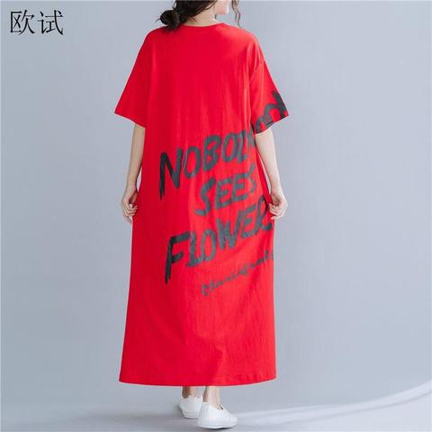 Vestido de verano de talla grande con letras estampadas, algodón, largo, informal, rojo, coreano, 2022 ► Foto 1/6