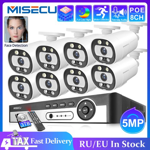MISECU-Kit de sistema de seguridad con cámara IP al aire libre, conjunto de CCTV de 8 y 4 canales, de 5MP, NVR POE dos vías de audio Ai, con visión en color para la noche ► Foto 1/6
