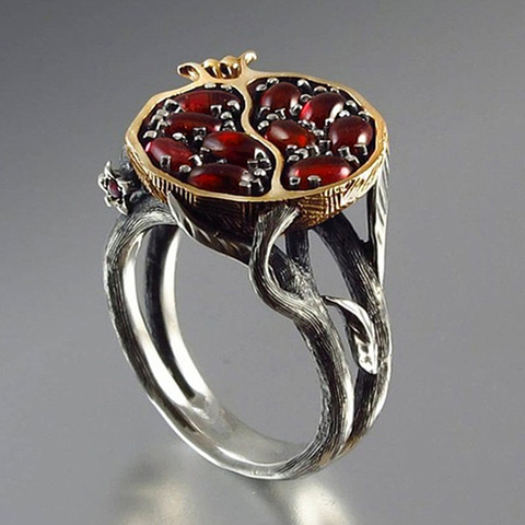 Anillo Vintage de fruta roja para mujer, piedra de Granada, granate, árbol, vid, joyería Bohemia, anillo de Color plata con personalidad para dedo ► Foto 1/6