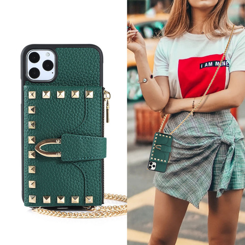 Funda de cuero con cordón para teléfono móvil iPhone, collar con cadena para iPhone 12 mini 11 Pro Max XR X XS Max 7 8 Plus, cuerda de cordón con funda de billetera ► Foto 1/6