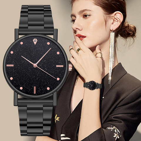 Negro reloj de las mujeres 2022 de la marca de lujo de cielo estrellado de la banda de acero inoxidable reloj de pulsera de cuarzo analógico para Dropship ► Foto 1/6