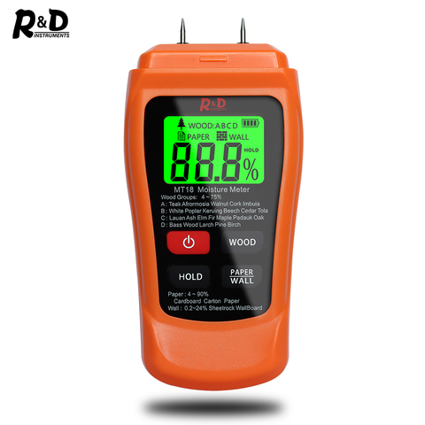 Nuevo MT-18 naranja 0-99.9% de dos pines Digital medidor de humedad de madera PAPEL DE probador de la humedad de la pared higrómetro madera húmeda Detector ► Foto 1/6