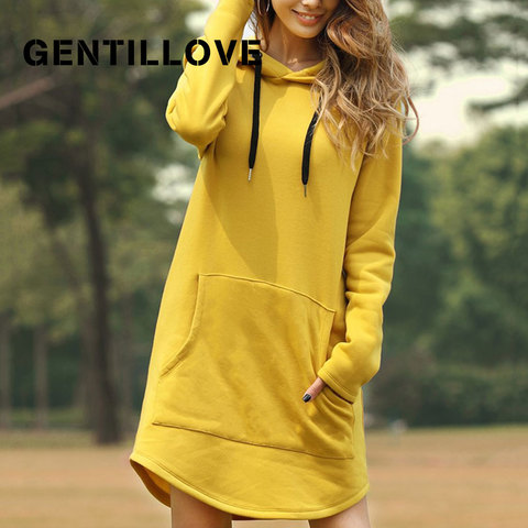 Gentillove Pop Coreano con capucha para primavera sólida Vintage sudadera Bolsillo grande Casual Camisetas largas de moda de las mujeres de gran tamaño con capucha S-3XL ► Foto 1/6