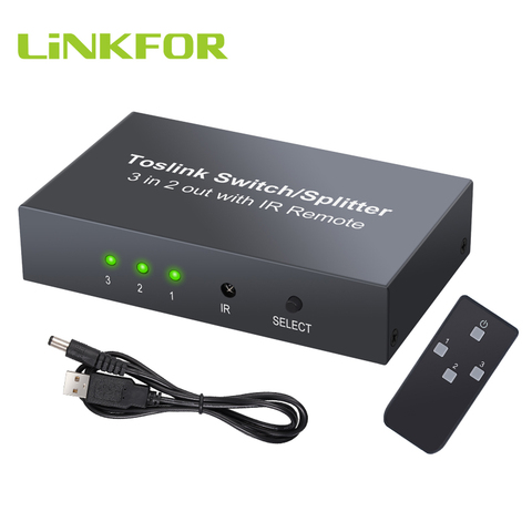 LiNKFOR-conmutador óptico de 3 puertos con 2 vías, divisor de Audio Digital óptico Spdif Toslink, 3 en 2 salidas con interruptor de Control remoto IR ► Foto 1/6