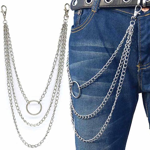 Las mujeres de los hombres Punk Hip-hop de moda cadena de la cintura de correa multicapa Hombre Pantalones cadenas para Jeans Punk de Metal de plata anillo grande pantalones con cadenas ► Foto 1/6